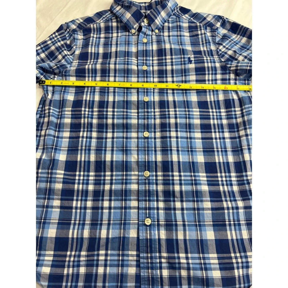 Ralph Lauren Button Down Shirt Boys Large 14-16 Blue Excellent Plaid Classic A56